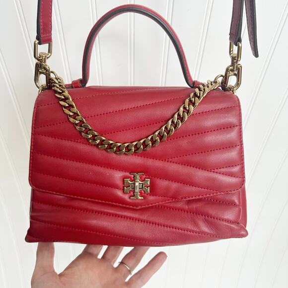 Tory Burch Kira Chevron Top Handle Satchel Apple Red Leather Convertible Bag - Picture 4 of 11